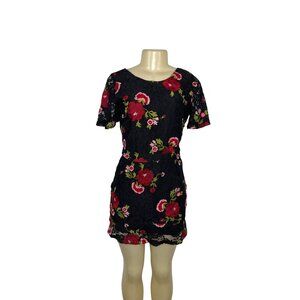 Oliveaceous Black Lace Mini Dress With Red Floral Embroidery & Open Back Sz M